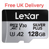 Lexar Silver Plus 128GB microSDXC card shown on a white background with red text at the top reading 'Free UK Delivery'.
