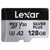 Lexar Silver Plus 128GB microSDXC memory card with a black and silver dual-tone design, featuring V30 speed rating and U3 A2 performance icons.