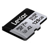 Lexar Silver Plus 128GB microSD card on a plain white background.
