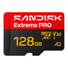 A Sandisk Extreme PRO 128GB microSD card with a red and black design and yellow text, shown on a plain white background.