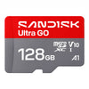 A Sandisk Ultra GO 128GB microSDXC V10 A1 memory card shown on a plain white background. The card features a red top section with white branding and a gray bottom section with product specifications in white text.