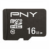 A black PNY microSDHC 16GB memory card with white printed text and logos, shown on a plain white background.