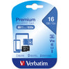 Verbatim 16GB Premium microSDHC card in its original blue retail packaging, featuring compatibility icons for V10 and U1.