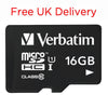 A black Verbatim 16GB microSDHC Class 10 memory card on a white background, with red text at the top reading 'Free UK Delivery'.