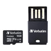 Verbatim 16GB microSD card shown next to its black USB adapter on a plain white background.