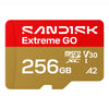 A Sandisk Extreme GO microSDXC V30 256GB A2 memory card with a red and gold design, shown on a plain white background.