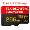 A new logo Sandisk Extreme PRO 256GB microSD card shown on a plain white background, with red and black color blocking and yellow text. Red text above reads 'Free UK Delivery'.