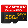 A new logo Sandisk Extreme PRO 256GB microSD card shown on a plain white background, with red and black color blocking and yellow text.