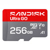 A Sandisk Ultra GO 256GB microSDXC V10 A1 memory card shown on a plain white background. The card features a red top section with white branding and a gray bottom section with capacity and specification text.