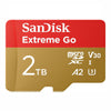 SanDisk Extreme Go 2TB microSDXC memory card with a red and gold design, featuring white text for model and capacity details.
