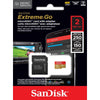 SanDisk Extreme Go microSDXC card with adapter in retail packaging, showing the card, adapter, phone screen mockup, and performance claims on a black background with a red SanDisk logo band.