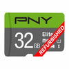A 32GB PNY Elite Micro SD card with a green and gray design, featuring a red diagonal 'REFURBISHED' banner overlay, on a plain white background.