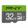 A 32GB PNY Elite microSDHC memory card with a green and dark gray design, featuring white text and logos, on a plain white background.