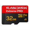 A Sandisk Extreme PRO 32GB microSD card shown on a plain white background. The card has a red top section with white SANDISK branding, a black bottom section, and yellow text indicating 32GB, microSD, V30, and A1.