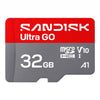 A Sandisk Ultra GO 32GB microSDHC V10 A1 memory card shown on a plain white background. The card features a red top section with white branding and a gray bottom section with product specifications.