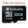 A black Verbatim microSDHC 32GB Class 10 memory card shown on a white background with red text at the top reading 'Free UK Delivery'.