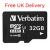 A black Verbatim 32GB microSDHC Class 10 memory card on a white background, with red text at the top reading 'Free UK Delivery'.