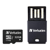 Verbatim USB flash memory card adapter and microSD card set on a plain white background. The adapter is black with a USB-C port visible, and the microSD card is also black with white Verbatim branding and 32GB text.