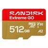 A Sandisk Extreme GO microSDXC V30 512GB A2 memory card with a red and gold design, shown on a plain white background.