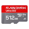A Sandisk Ultra GO 512GB microSDXC V10 A1 memory card shown on a plain white background. The card features a red top half with white branding and a gray bottom half with product specifications.