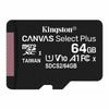 Kingston Canvas Select Plus 64GB microSDXC memory card in black with white text and a textured pink protective sleeve partially visible on the left, shown on a plain white background.