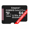 Kingston Canvas Select Plus 64GB microSDXC memory card in black with white text, featuring a pink protective sleeve edge and a red diagonal 'REFURBISHED' banner overlay.