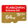 A Sandisk Extreme GO 64GB microSD card shown on a plain white background. The card features a dual-color design with a red top section and a gold bottom section, with white text displaying the brand, model, capacity, and specifications.