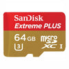 A SanDisk Extreme PLUS 64GB microSDXC card with a red and gold color scheme and white text, shown on a plain white background.