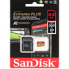 SanDisk Extreme PLUS 64GB microSDHC memory card in its original retail packaging. The black card is shown alongside a white adapter and a red-and-white SanDisk Extreme PLUS card, mounted on a black and red backing card with product specifications and compatibility icons.