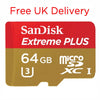 A SanDisk Extreme PLUS 64GB microSDXC card shown on a white background with red text above reading 'Free UK Delivery'. The card is red on top and gold on the bottom, with white SanDisk branding and product text including '64GB', 'micro SDXC I', and 'U3'.