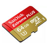 A SanDisk Extreme Plus 64GB microSDXC card with a red and gold dual-color design, shown on a plain white background.