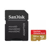 SanDisk microSDXC memory card adapter set shown on a white background, including a black SD adapter card and a red-and-gold 64GB Extreme PLUS microSDXC U3 card.