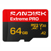A Sandisk Extreme PRO 64GB microSD card with a red and black design and yellow text, shown on a plain white background.