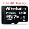 A black Verbatim 64GB microSDXC V10 U1 Class 10 SD card shown on a white background with red text at the top reading 'Free UK Delivery'.
