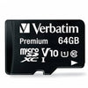 A Verbatim Premium 64GB microSDXC V10 UHS-I memory card in black with white text, shown on a clean white background.