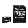 Verbatim microSD card and adapter set on a plain white background, with the adapter larger on the right and the card smaller on the left.