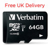 A Verbatim 64GB microSDXC Class 10 memory card shown on a white background with red text at the top reading 'Free UK Delivery'.
