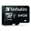 A black Verbatim microSDXC 64GB Class 10 SD card with white text and logos, shown on a clean white background.