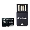 Verbatim USB flash drive adapter with a 64GB microSD card, shown on a clean white background.