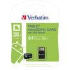 Verbatim 64GB tablet microSDHC card in retail packaging, showing the black microSD card and USB reader inside a white and green blister pack with Verbatim branding.