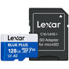 Lexar microSD card and SD adapter on a white background