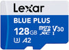 Lexar Blue Plus 128GB microSDXC card on a white background