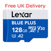 Lexar Blue Plus 128GB microSDXC card on a white background with free UK delivery text.