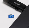 Lexar microSD card and reader on a light gray background