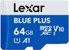 Lexar Blue Plus 64GB microSDXC card on a white background
