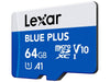 Lexar Blue Plus 64GB microSDXC card on a white background