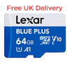 Lexar Blue Plus 64GB microSDXC card on a white background with free UK delivery text.