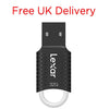 32GB LexarJumpDrive V40 USB flash drive in black with a white keyring, shown on a white background with red text reading 'Free UK Delivery' at the top.