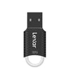 32GB LexarJumpDrive V40 USB flash drive in black with a textured grip and a white keyring, shown on a plain white background.