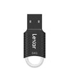 Lexar 64GB USB flash drive in black with a textured grip and a white keyring, shown on a plain white background.